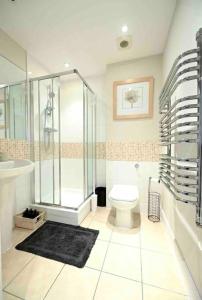 a bathroom with a shower and a toilet at London Apartment Next To Station + Parking in Beckenham