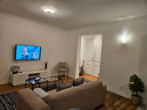 een woonkamer met een bank en een tv aan de muur bij Somptueux appartement proche stade de france in Enghien-les-Bains