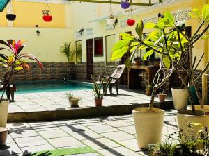a patio with a pool with plants and a chair at Hotel Ushaan Haveli in Udaipur