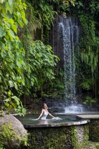a woman swimming in a pool in front of a waterfall at Santi Mandala Villa & Spa in Sukawati
