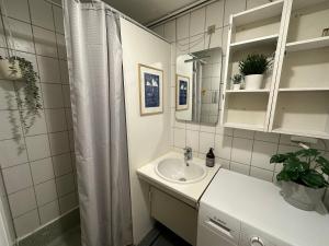 uma casa de banho com um lavatório e uma cortina de chuveiro em Grand seaview vacation house, Ilulissat em Ilulissat