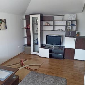 a living room with a flat screen tv and shelves at STAN NA DAN in Zaječar