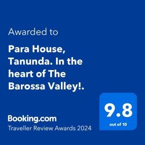 Para House, Tanunda. In the heart of The Barossa Valley!. tanúsítványa, márkajelzése vagy díja