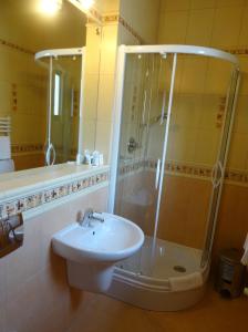 a bathroom with a shower and a sink and a tub at Abrava in Ciechocinek