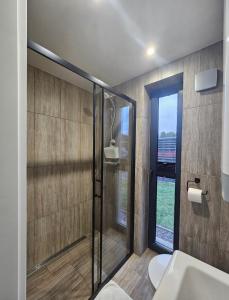 a bathroom with a shower and a toilet and a window at Hytte Na Wyspie -,,Roztoczańskie Morze'' in Kulików