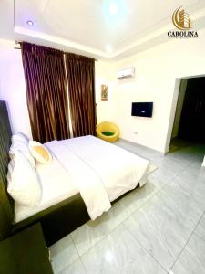 Habitación de hotel con cama y TV en Carolina Apartments Wuye, en Abuja