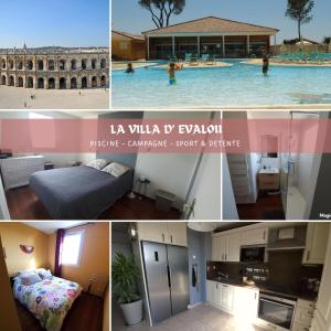 een collage van foto's van een zwembad bij La villa d'Evalou in Calvisson