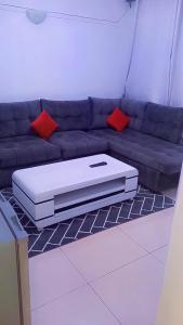 a living room with a couch with a laptop on it at Serene Safaris Airbnb in Thika in Thika