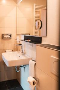 een kleine badkamer met een wastafel en een koelkast bij Landhotel und Weingasthof Schwarzer Adler in Wiesenbronn