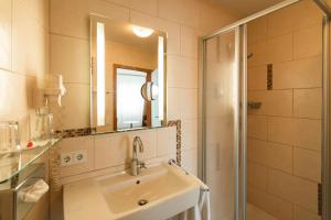 a bathroom with a sink and a shower at Landhotel und Weingasthof Schwarzer Adler in Wiesenbronn