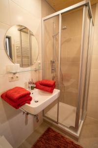 uma casa de banho com um chuveiro e um lavatório com toalhas vermelhas em Penznhof 