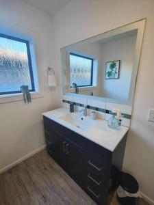 ein Bad mit einem Waschbecken und einem Spiegel in der Unterkunft Beautiful house near everything! in Christchurch