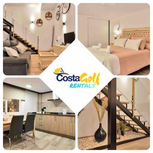 un collage de fotos de una habitación con cama y cocina en Moderno loft en el corazón histórico de Estepona - CASA PEPITA 17, en Estepona