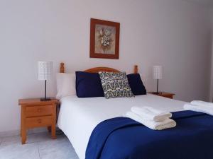 a bedroom with two beds with blue sheets and two lamps at Apartamentos Salceda in Noja