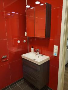 特羅姆瑟的住宿－Elvenes, krypinn for to，一间带水槽和红色墙壁的浴室