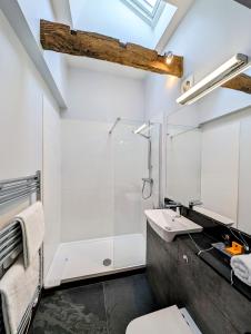 La salle de bains est pourvue d'une douche, de toilettes et d'un lavabo. dans l'établissement The White Hart Inn, Hawes, à Hawes