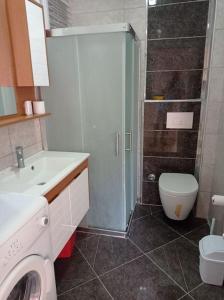 a bathroom with a shower and a toilet and a sink at Seferihisar Akarca Denize 130 metre uzaklıkta in Seferihisar