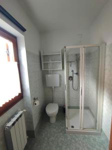 een badkamer met een douche en een toilet bij Casa MK & MK Ferienwohnung lake view swimming pool in Pieve