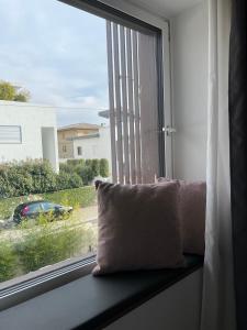 ein Fenster mit einem Kissen, das auf einem Fensterbrett sitzt in der Unterkunft Green House in Bassano del Grappa