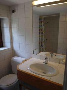 W łazience znajduje się umywalka, toaleta i lustro. w obiekcie Maisonnette - Centre Landerneau w mieście Landerneau
