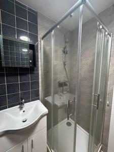 ein Bad mit einer Dusche, einem Waschbecken und einem WC in der Unterkunft Spacious Studio Flat in London in London