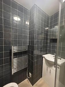 ein Bad mit einer Dusche, einem WC und einem Waschbecken in der Unterkunft Spacious Studio Flat in London in London