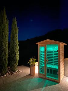 una casa de fuera con una luz azul en la noche en Bed and Adventure Tramontana - Casetta & Wellness en Castilenti