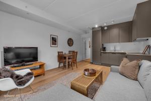 ein Wohnzimmer mit einem Sofa und einem Tisch in der Unterkunft Vervet - 1 bedroom with sofabed in Tromsø