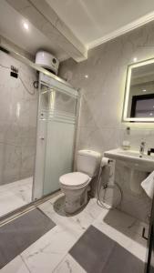 een badkamer met een toilet, een douche en een wastafel bij Helio Cairo Hotel in Caïro