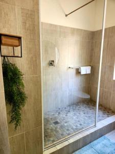 eine Dusche mit Glastür im Bad in der Unterkunft Selah, self-catering in Pretoria