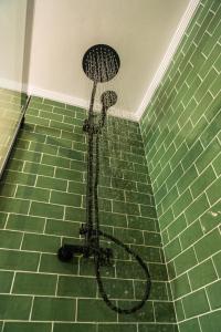 y baño con ducha y azulejos verdes. en Casa Wenceslao, en Pola de Laviana
