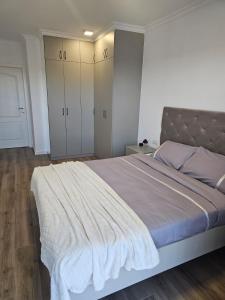 1 dormitorio con 1 cama grande y armarios blancos en Cozy Apartments Avanera Suceava, en Suceava