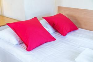 ミエンジズドロイェにあるStudio Promenada Apartment by Rentersのベッドの上に座る赤い枕2つ