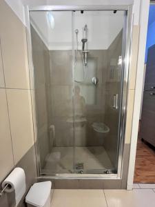 La salle de bains est pourvue d'une douche en verre et de toilettes. dans l'établissement CHIOGGIA PLAYA, à Chioggia