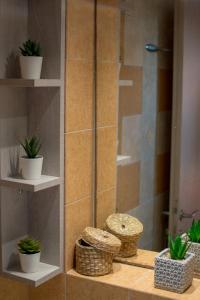 a bathroom with shelves with potted plants and a shower at Villa Orama in Nea Potidaea +117 photos