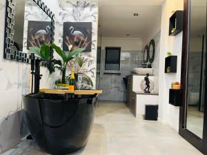 un baño con una bañera negra con una planta. en 24 On Basil Boutique Luxury hotel, en Johannesburgo