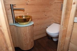 Baño pequeño con aseo y lavamanos en Kleines romantisches Chalet in der Semmering-Rax Region en Neunkirchen