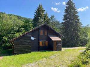 a small black cabin in a field of grass at Le Chant de la Rivière - Chalet 3 étoiles pour 8 personnes in Ventron