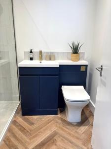 ein Badezimmer mit einem blauen Waschbecken und einem WC in der Unterkunft Coastal Retreat, Torquay - Anstey Cottage in Torquay