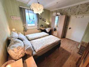 um quarto com uma cama, uma janela e um lustre em Ferienwohnung Laura em Langelsheim