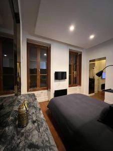 a bedroom with a bed and a tv and windows at Stunning apartment in the center of Lyon ! in Lyon +4 photos