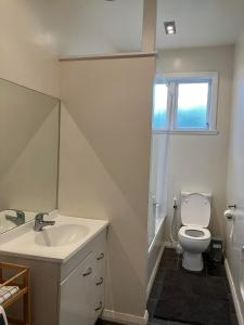 a bathroom with a sink and a toilet and a window at Wellington double bedroom in Wellington