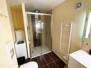 ein Badezimmer mit Dusche, Toilette und Waschbecken in der Unterkunft Merveilleux Duplex Royat Vue in Royat + 12 Fotos