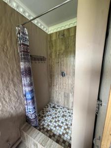 a bathroom with a shower with a tiled floor at Farmers Lodge in Piet Retief