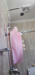 a pink towel on a towel rack in a bathroom at L&J Modern Backpackers Kinondoni in Dar es Salaam