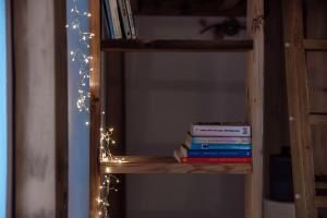 een stapel boeken op een plank met lichten bij Casa Edera by Quokka 360 - typical romantic wooden house in Solduno