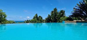 una piscina con agua azul y árboles en La Villa Ankarena Location de villa entière avec piscine privée à débordement sur parc aménagé Wifi TV Plage à 5 minutes à pied, en Sainte Marie