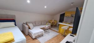 a room with a bed and a couch and a kitchen at Vila Nastovski in Veles