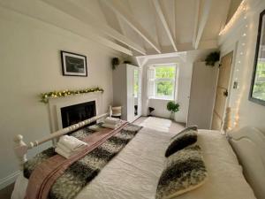 a bedroom with a large bed and a fireplace at Clover Neuk Mews Cottage, 34a Main Road in Fairlie