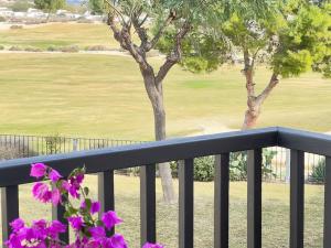 balcón con vistas a un campo de golf y flores púrpuras en Inmejorable Aptmto. vistas directas golf El Valle Golf, en Baños y Mendigo